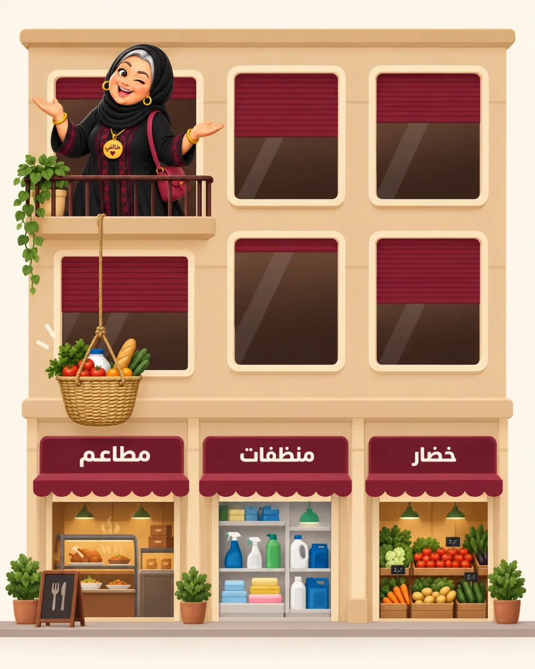 رسمة عمارة مصرية: خالتي في البلكونة، والسبت نازل بالحبل لمحلات المطاعم والمنظفات والخضار اللي تحت البيت.